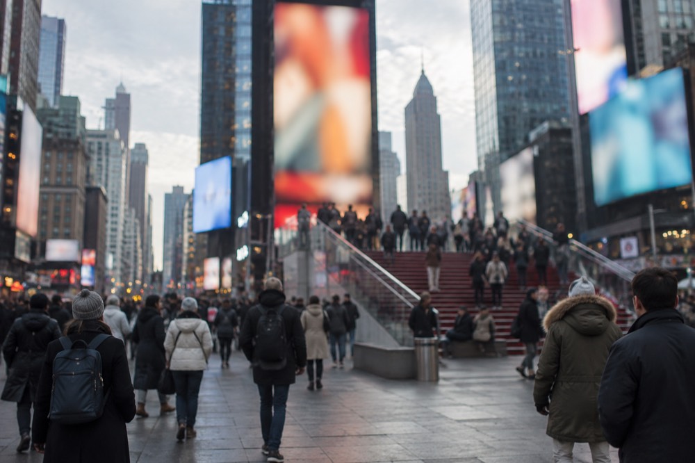 The TKTS booth steps at Duffy Square with the red glass canopy
