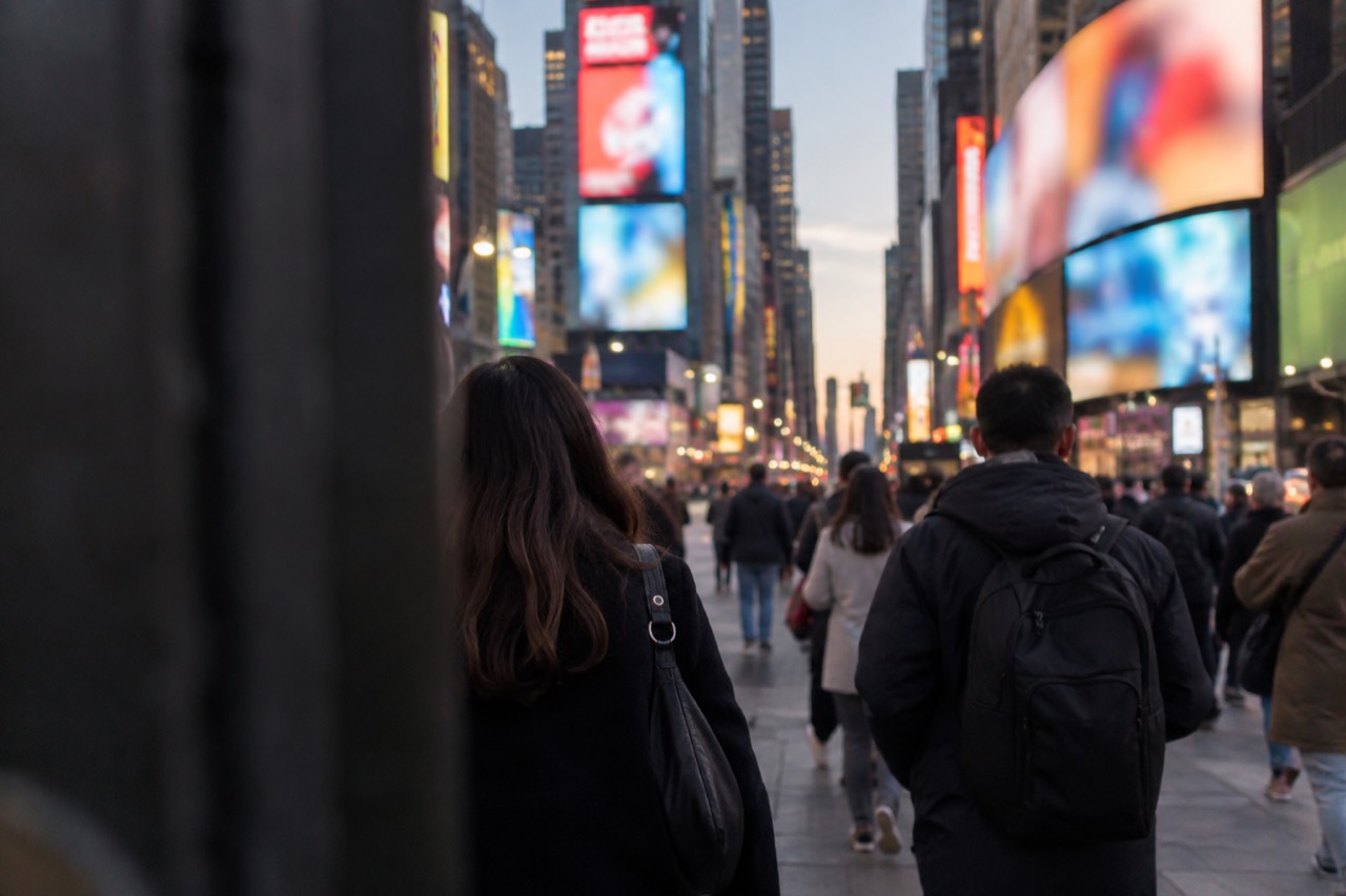 Crowds walking through Times Square at dusk beneath bright digital billboards
