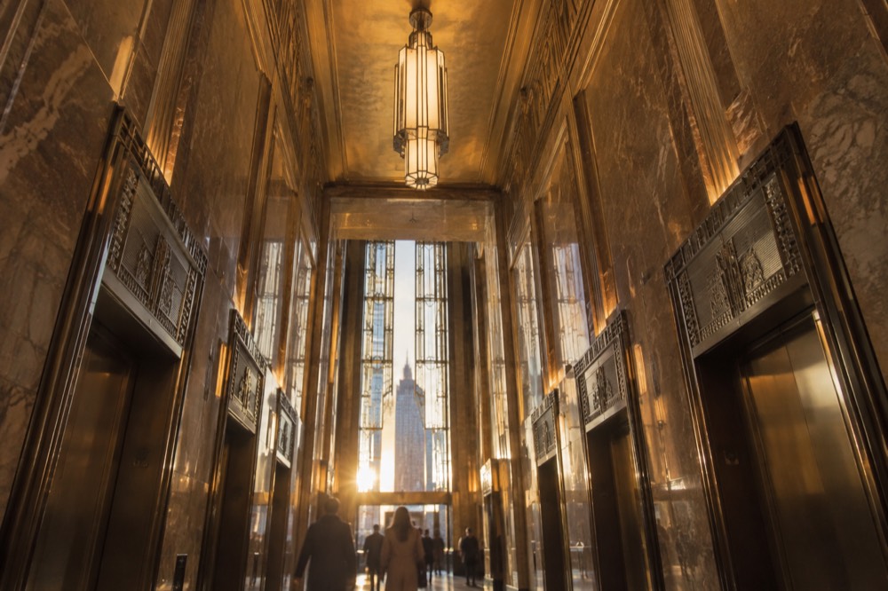 The Art Deco lobby and elevator bank that carries visitors up to the Top of the Rock observation deck