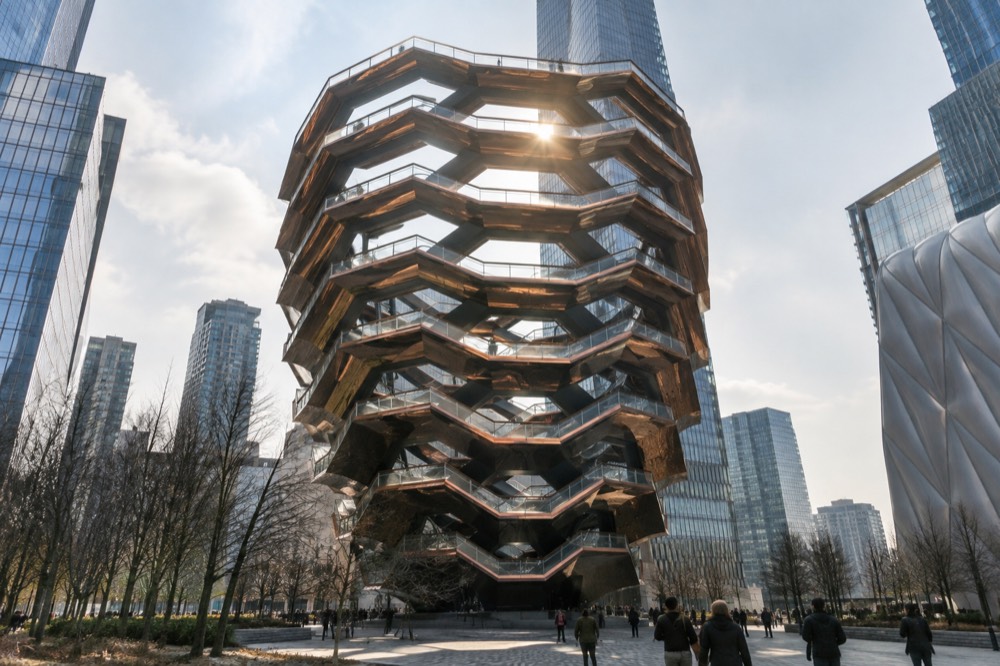 The geometric lattice of Vessel's staircases seen from ground level with sunlight passing through