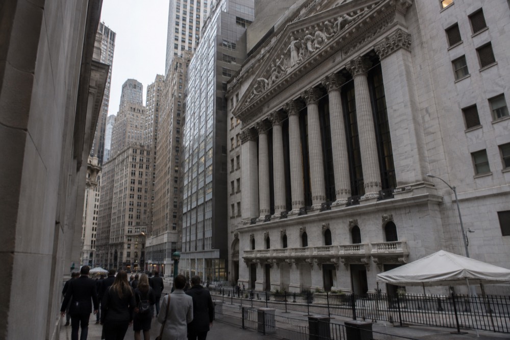 The columned facade of the New York Stock Exchange building on Wall Street