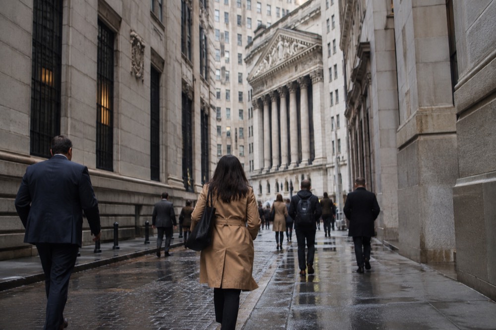 Pedestrians walking along the narrow Wall Street canyon toward the Stock Exchange