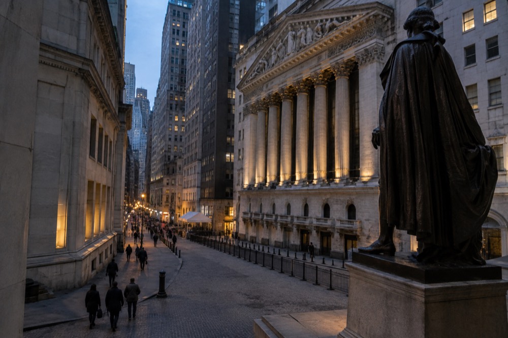 The columned front of the New York Stock Exchange seen from Wall Street with the George Washington statue