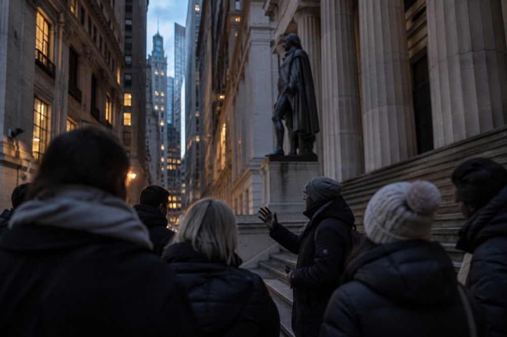 A tour guide speaking to a small group outside Federal Hall on Wall Street