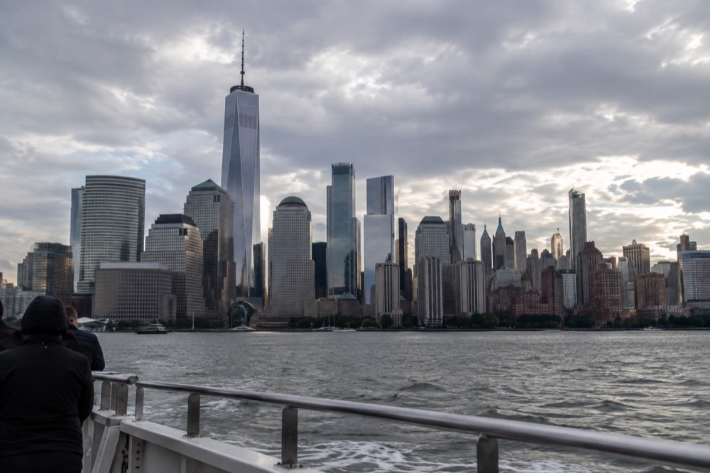 A view of the Financial District skyline including One World Trade Center from the harbor