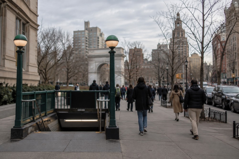 A subway entrance near Washington Square Park with pedestrians on a Greenwich Village sidewalk