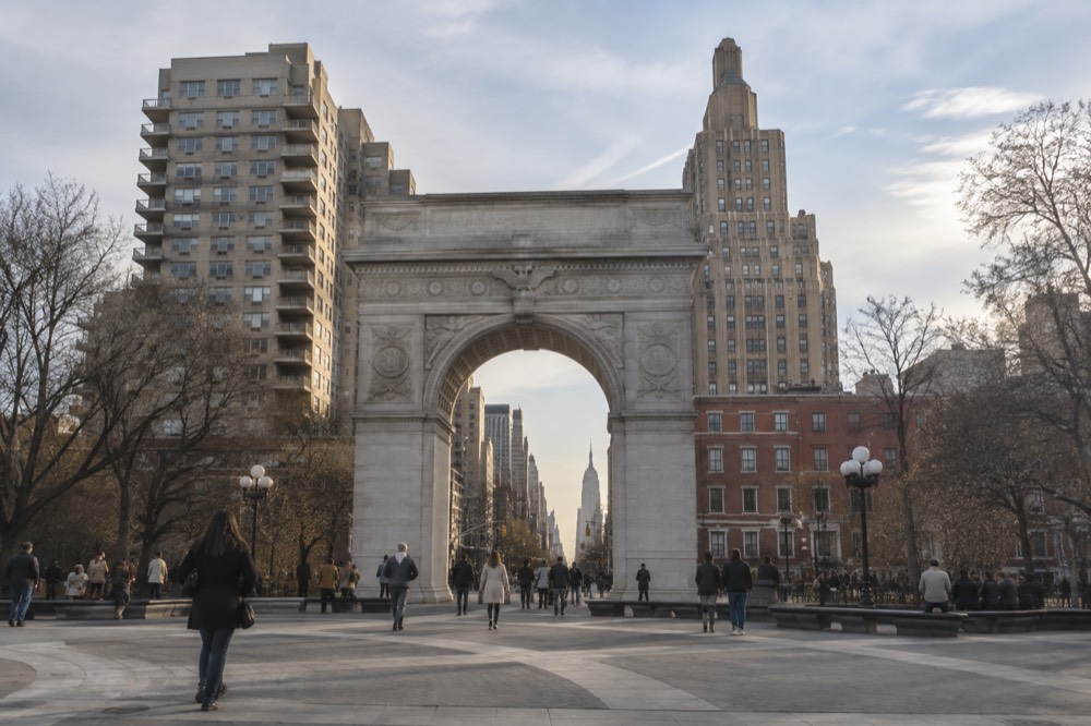 The view through the Washington Arch looking up Fifth Avenue toward midtown towers