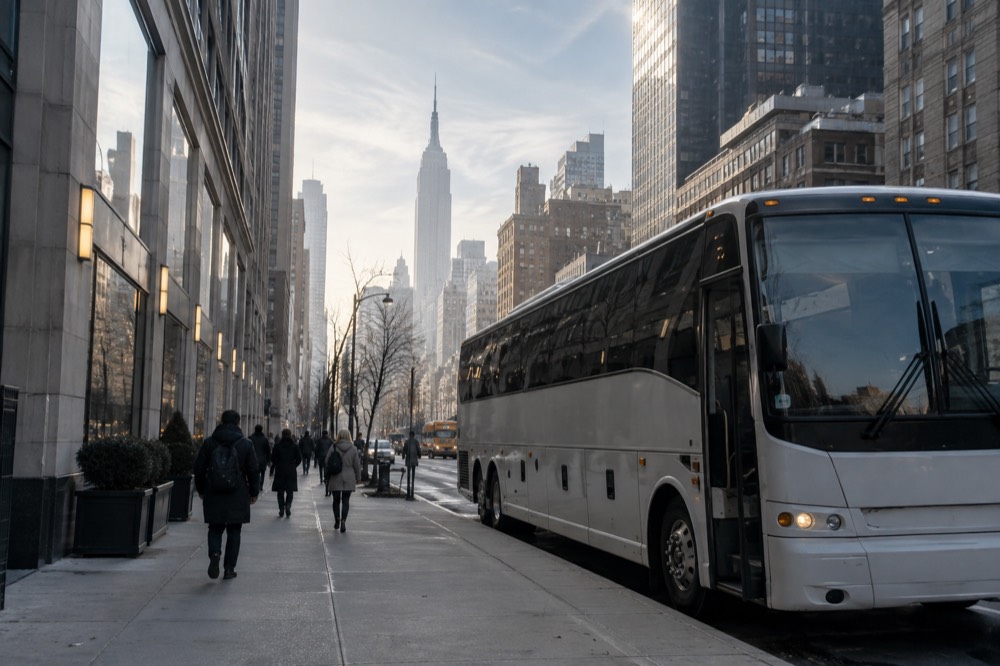 A coach bus parked on a Midtown Manhattan street in early morning light
