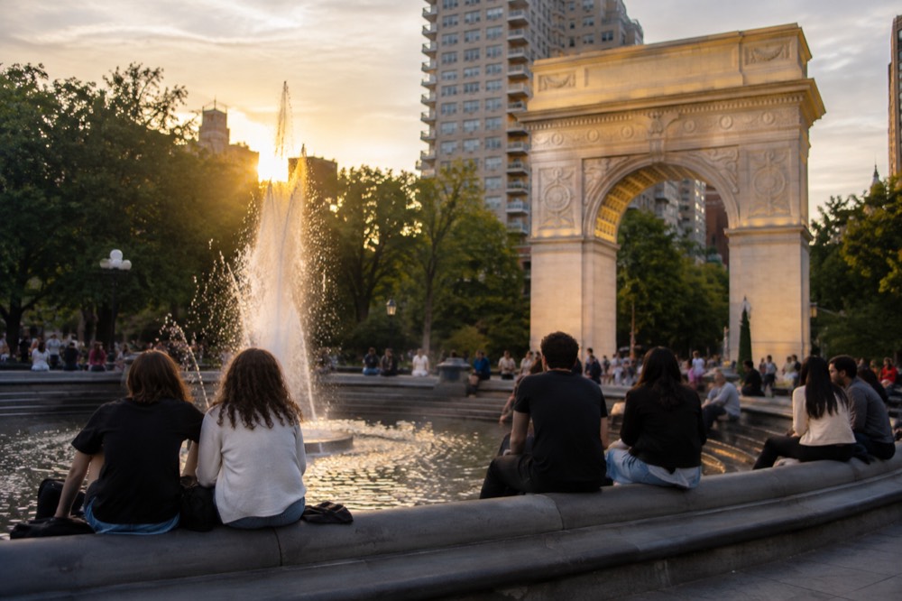 Golden hour light on the Washington Arch with people seated on the fountain plaza edge