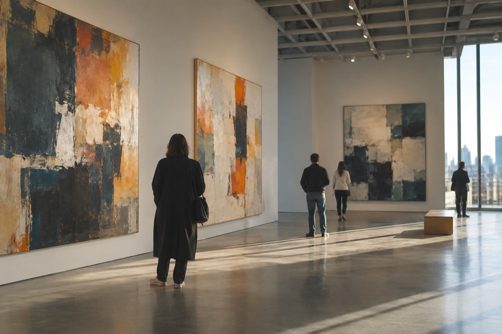 Visitors viewing large abstract paintings in a bright Whitney Museum gallery
