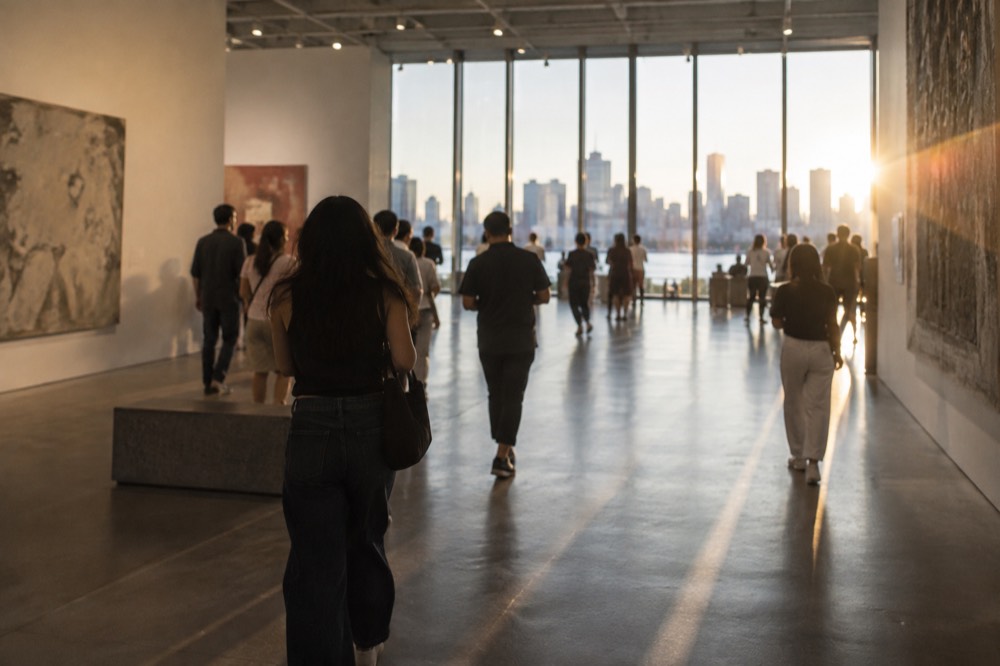Crowds of visitors on a free Friday evening inside a Whitney Museum gallery