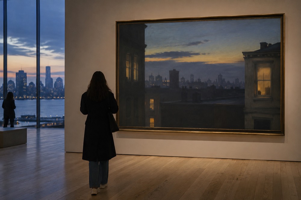 A visitor standing before a large Edward Hopper painting in a quiet Whitney gallery