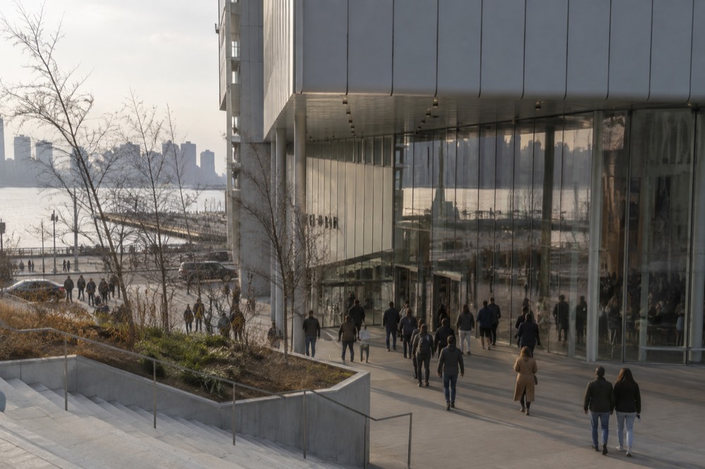 The Whitney Museum entrance on Gansevoort Street with visitors gathering at the doors