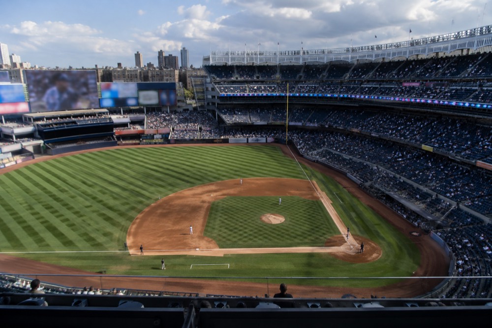 The view from the press box level looking down at the baseball field and seating bowl
