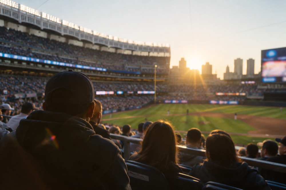 The Yankee Stadium facade at dusk with lights glowing over the entrance