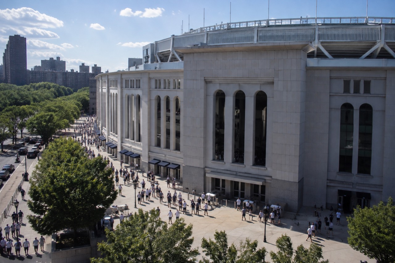The exterior of Yankee Stadium in the Bronx on a clear afternoon, with the ballpark's entrance gates and signage in view