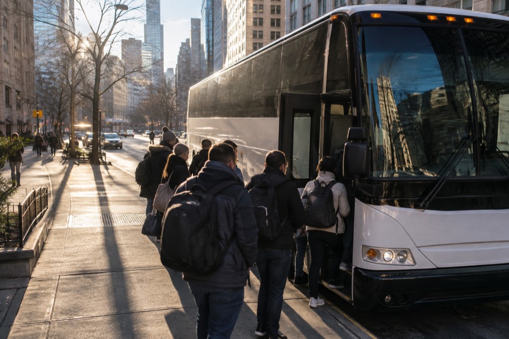 A coach bus parked at a curb in Manhattan with passengers boarding in the morning