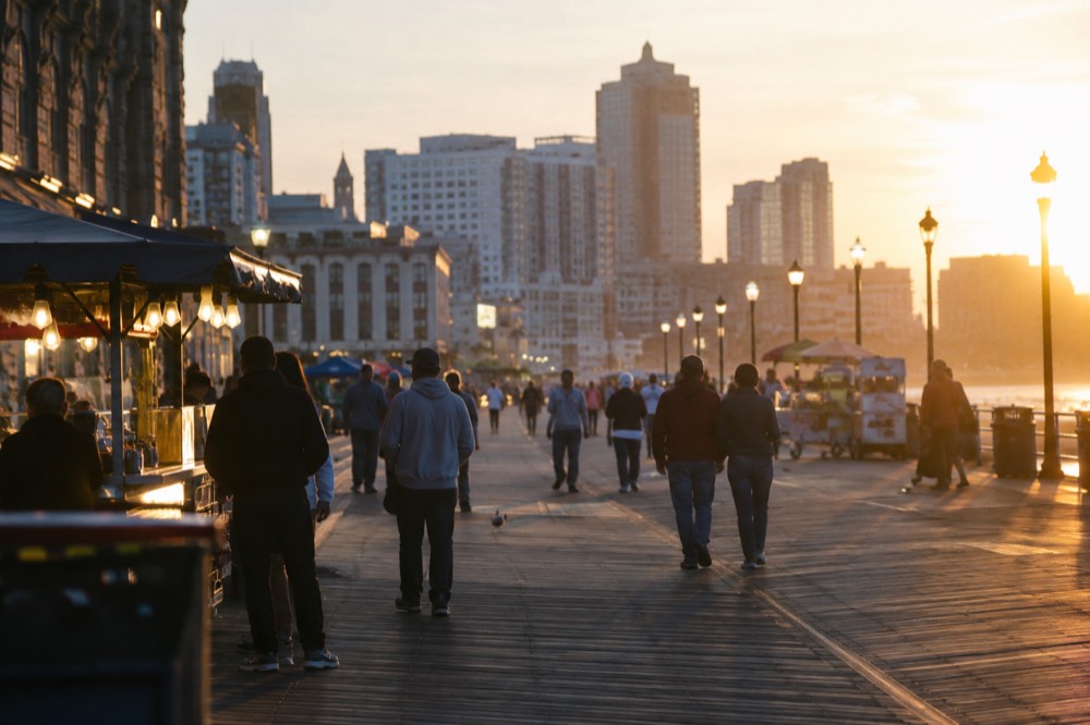 A wooden Boardwalk with food stalls and arcade signage on one side and the beach on the other
