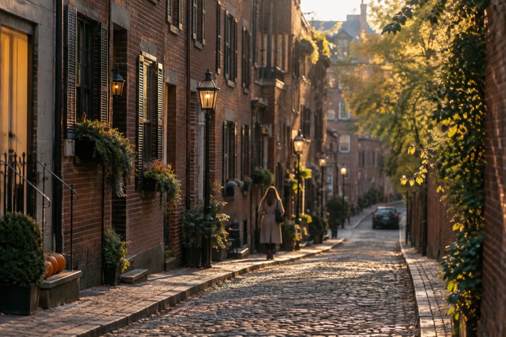 Cobblestone lane and brick row houses in Beacon Hill Boston