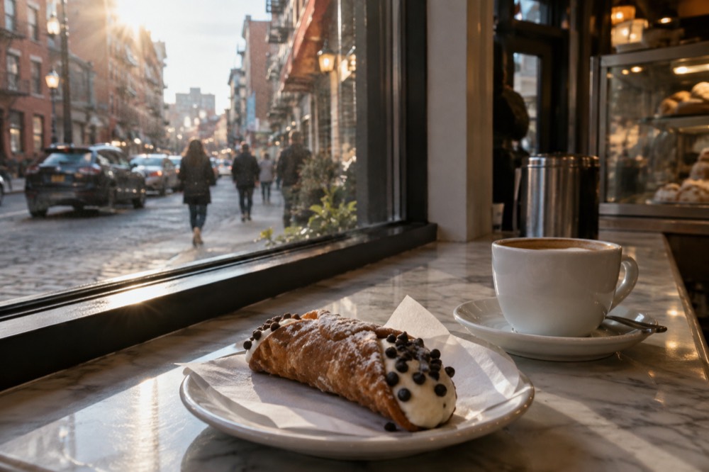A cannoli and coffee at a bakery counter in the North End