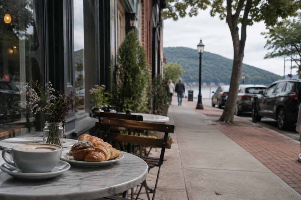 A café table with coffee and pastries beside a shop window on a village street