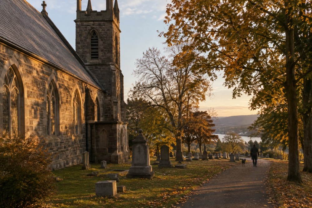 An old stone church beside a leafy cemetery path in autumn light
