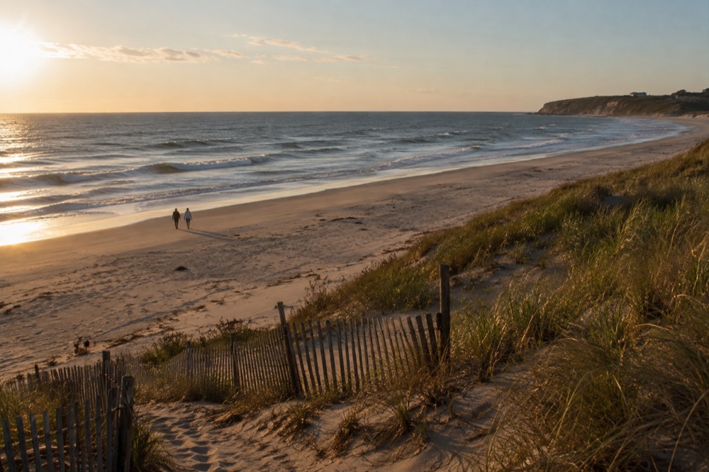 A quiet Montauk beach with rolling dunes and empty sand at low tide