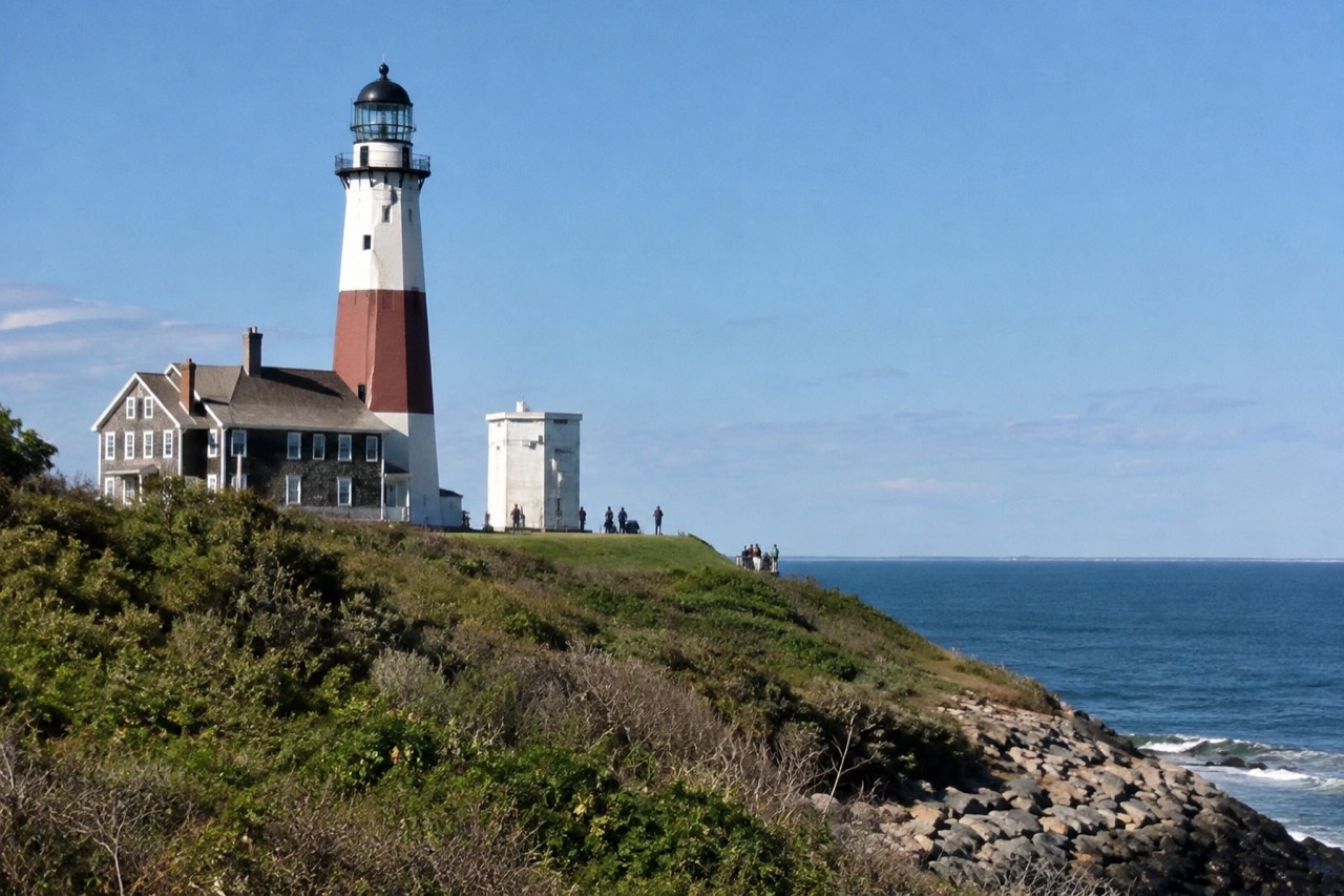 The Montauk Point lighthouse standing on a grassy bluff above the Atlantic Ocean