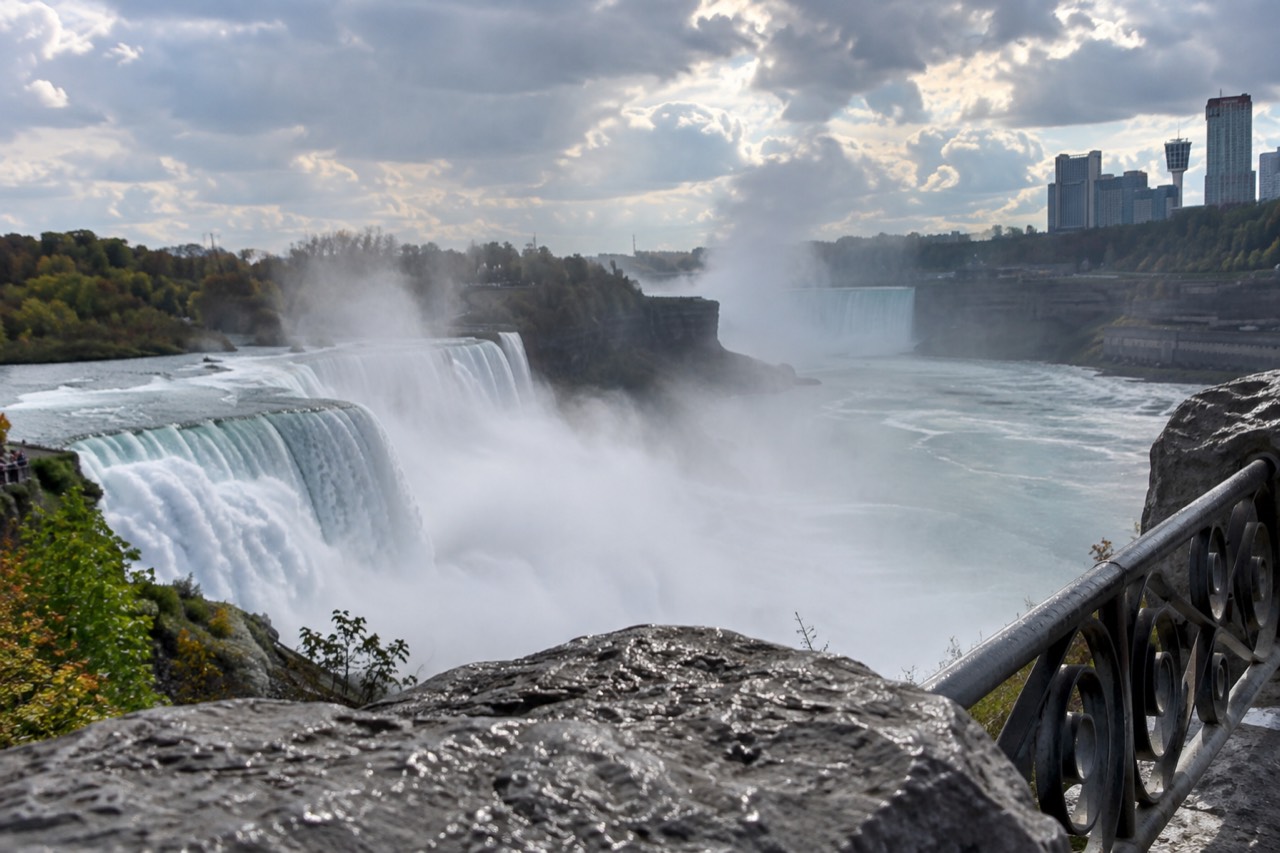 Mist rising over the American and Horseshoe Falls seen from a Niagara Falls overlook