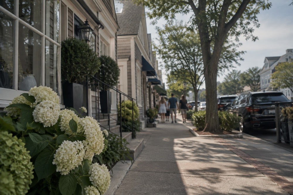 A quiet Hamptons main street with low shingled storefronts and a clear summer sky