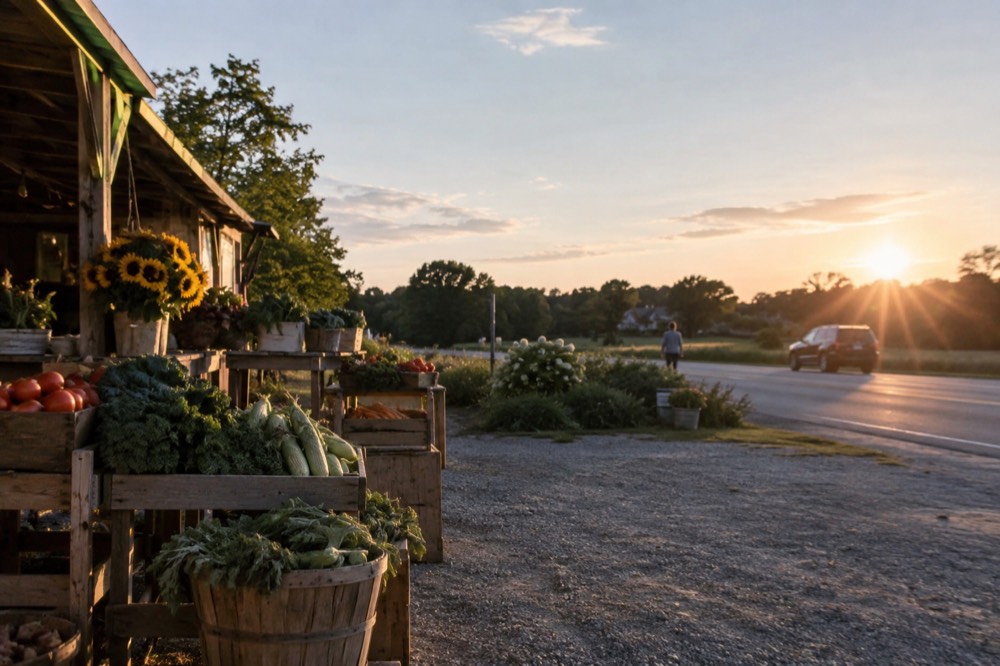 A farm stand with wooden crates of fresh produce at the roadside