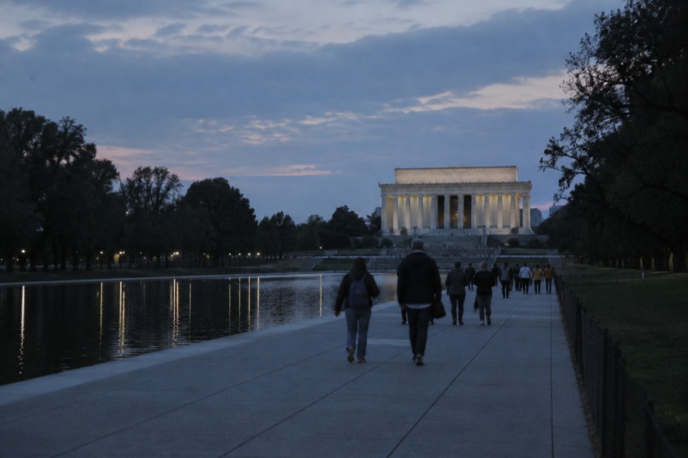 Walking path along the National Mall with the Lincoln Memorial ahead