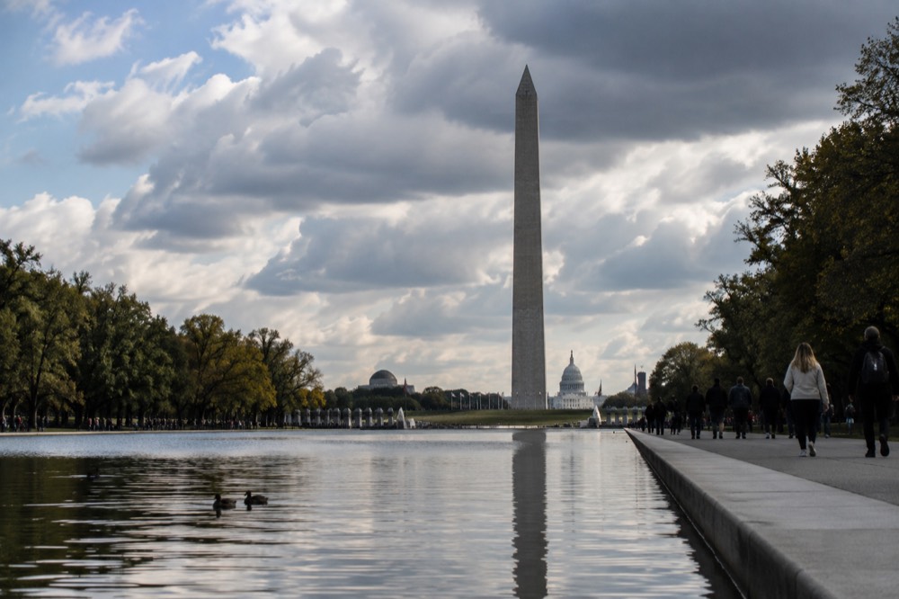 Reflecting pool leading toward the Washington Monument with the Capitol in the distance