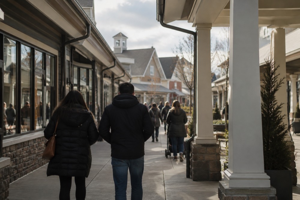 Covered outdoor walkway between outlet stores with shoppers in jackets