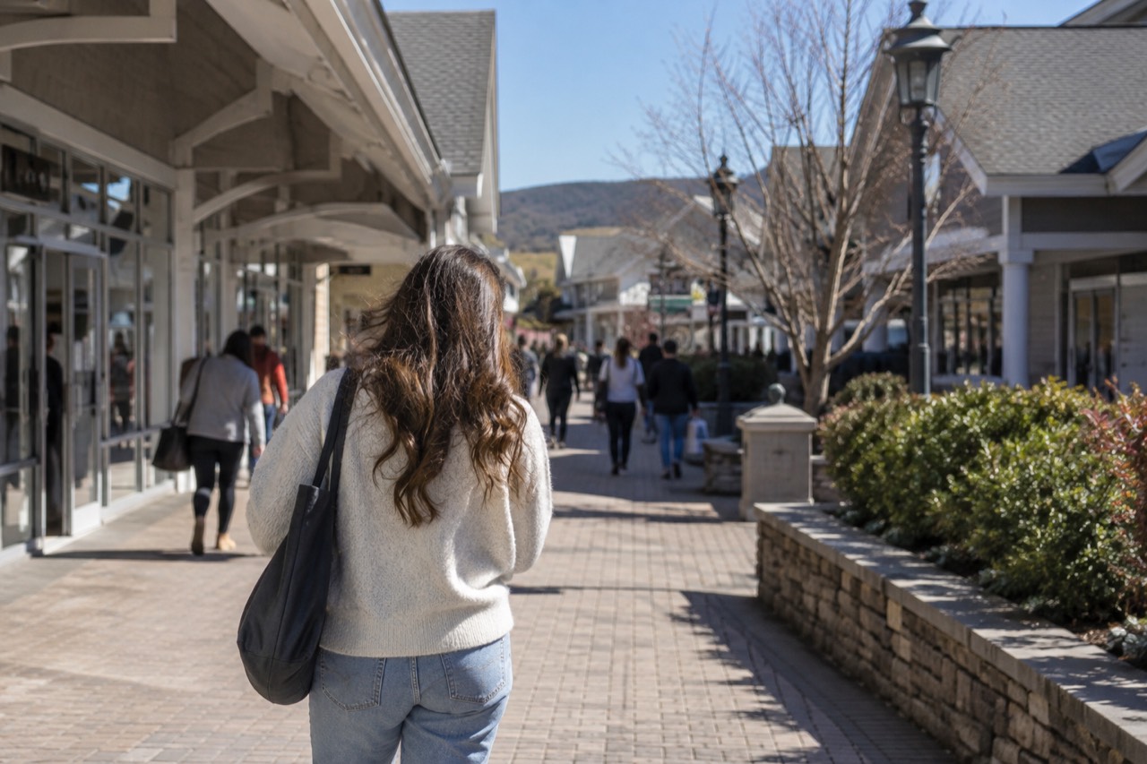 Outdoor shopping village with covered walkways and storefronts under a clear sky