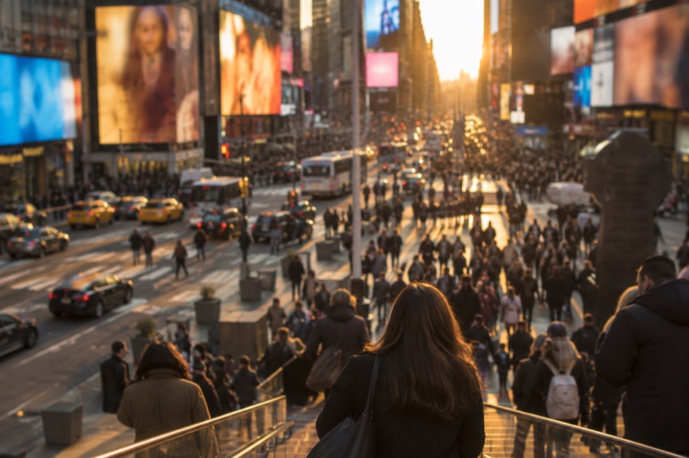 The glowing marquees of Broadway theaters along a crowded West 45th Street at dusk