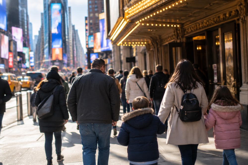 Families with children walking toward a Broadway theater entrance beneath a lit marquee in the evening