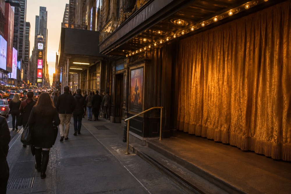 A stage curtain glowing gold before a Broadway performance, seen from the front mezzanine