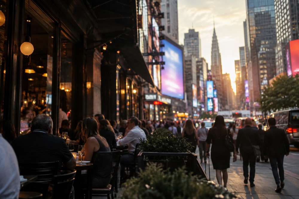 Diners at a busy restaurant on Ninth Avenue in Hell's Kitchen shortly before a Broadway curtain