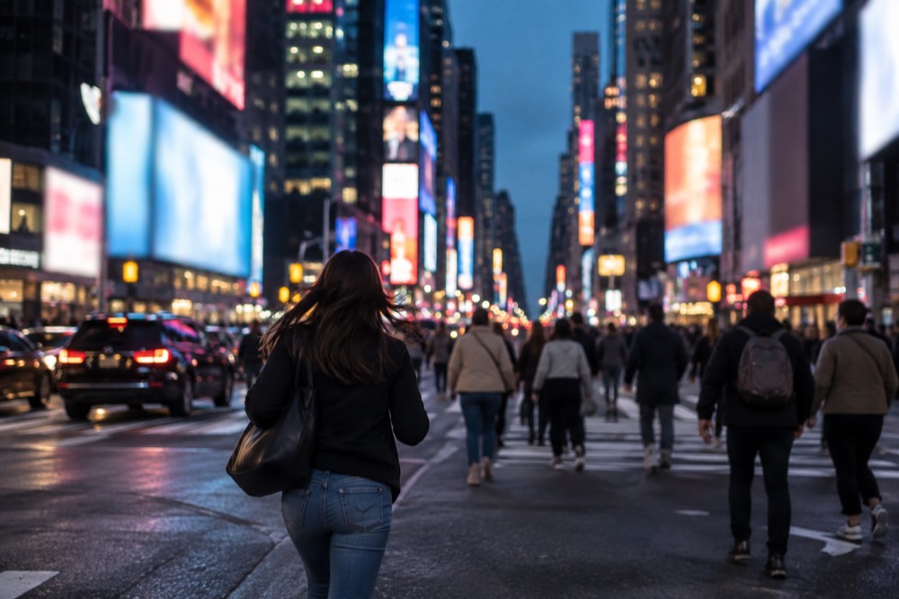 Evening crowds crossing Seventh Avenue in the Theater District under bright signage