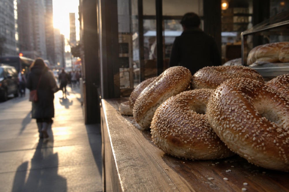 A fresh batch of round bagels with sesame seeds resting on a wooden bakery counter