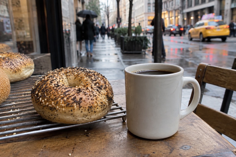 An everything bagel with seeds on a cooling rack beside a cup of coffee