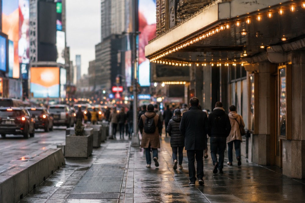 The exterior of a Broadway theater with its lit marquee and queue barriers