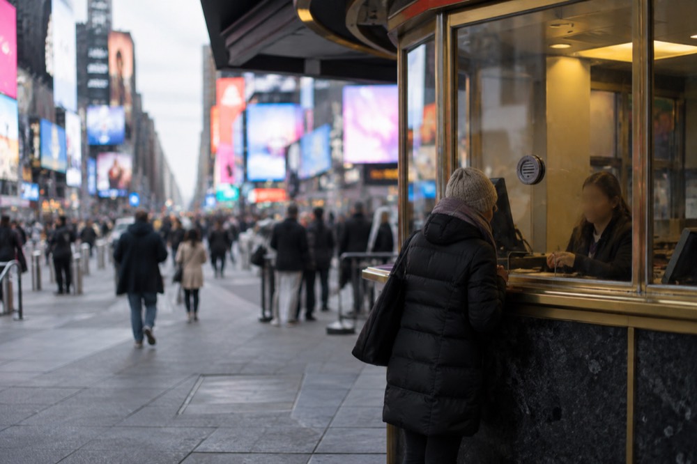 A theater box office window with a clerk serving a customer