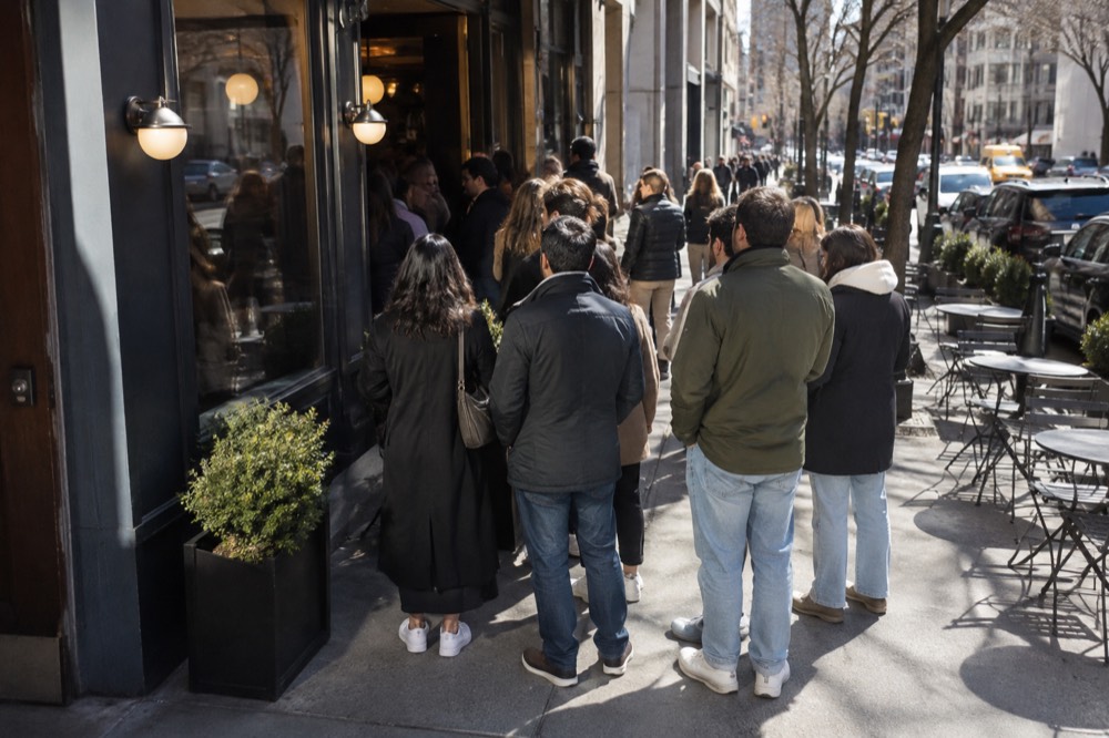 People waiting outside a small brunch restaurant on a New York sidewalk