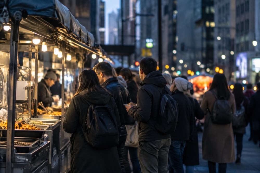 A walking food tour group sampling food in a New York market