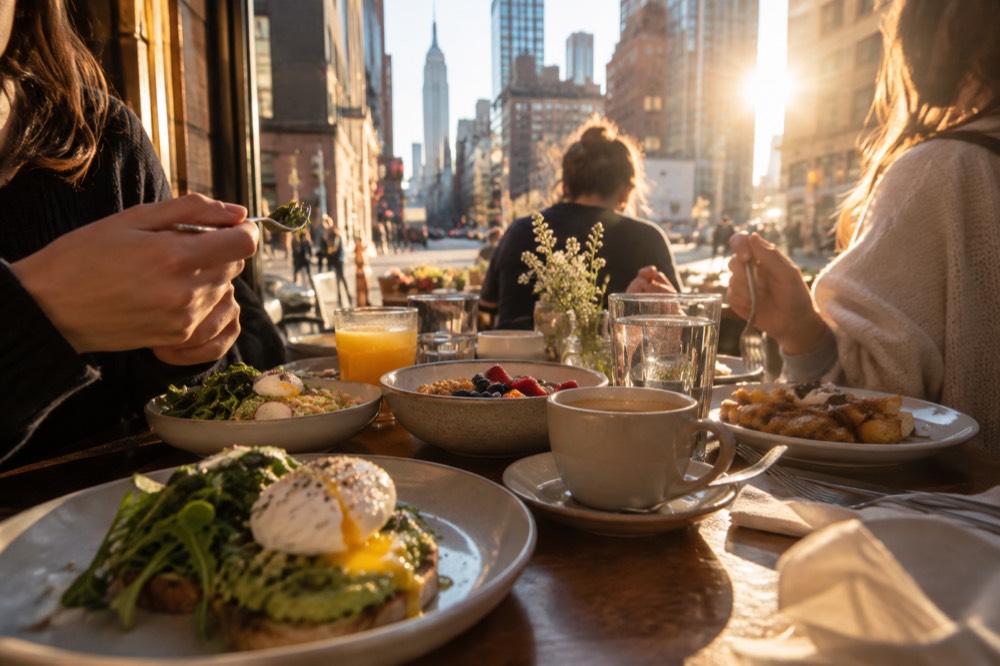 A table of friends sharing brunch plates in a sunlit New York café