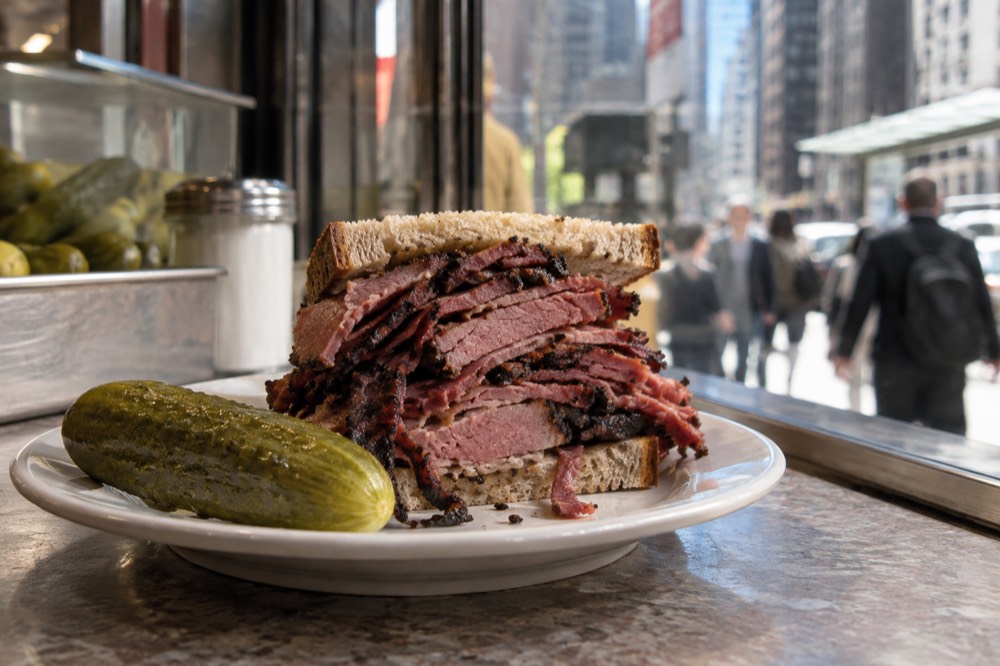 A piled-high pastrami sandwich on rye bread beside a pickle on a deli counter