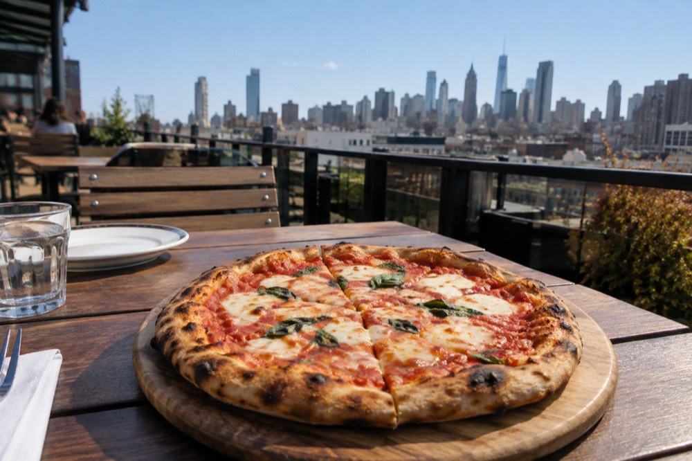 A whole pizza on a wooden board on a restaurant table in Brooklyn