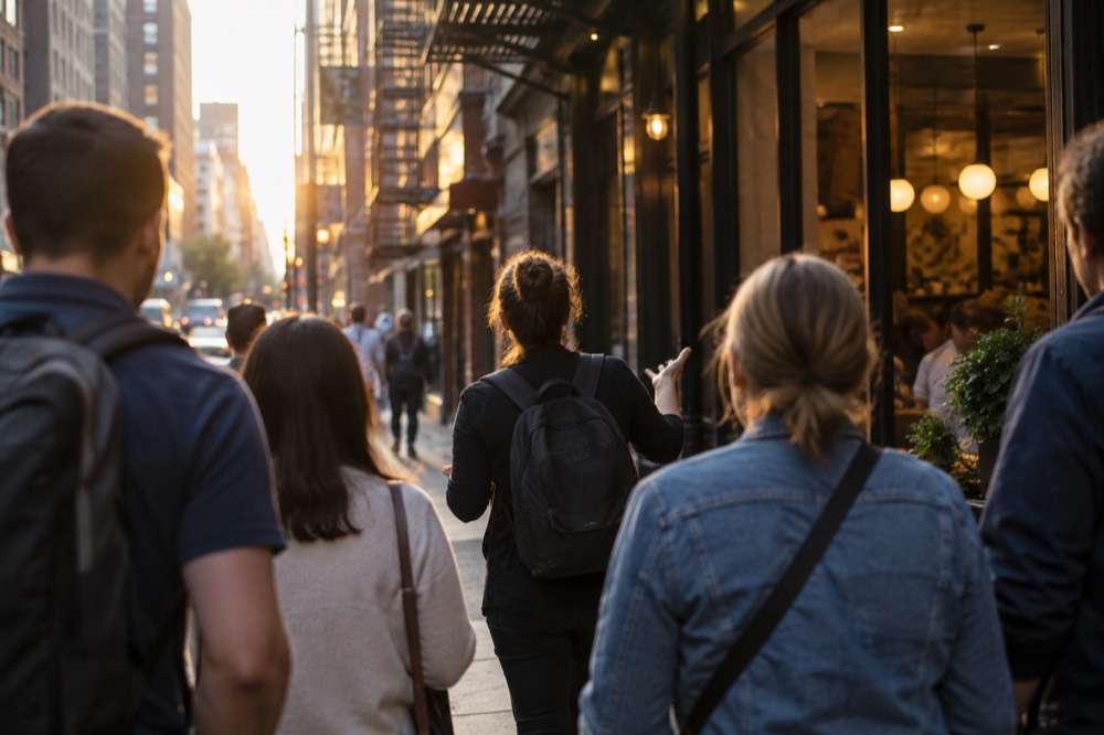 A guide leading a small group of visitors down a narrow street on a food tour